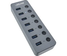 HUB USB InLine ® USB 3.2 Gen.1 mazgas, 7-prievadas, su jungikliu, aliuminio, pilka, su maitinimo šaltiniu