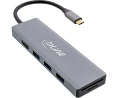 HUB USB InLine ® USB 3.2 Taip-C Multi Hub (3x USB-A 5Gb / s + USB Type- C (PD 100W), kortelių skaitytuvas, HDMI 4K @ 30Hz), OTG, aliuminio korpusas