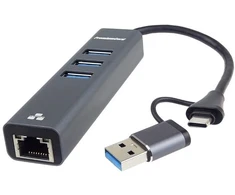 HUB USB PremiumCord Adapteris USB-C na USB-A Gigabit 10/100/1000Mbps + 3x USB 3.2 złącze