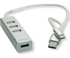 Roline USB HUB USB 2.0 šakotuvas skirtas ROLINE nešiojamiesiems kompiuteriams, 4 prievadai, A+C tipo jungties laidas