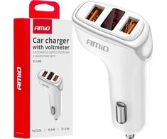 Automobilinis įkroviklis 2x USB-A + battery check 3.1A 12/24V AMiO-03887