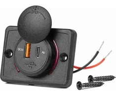 Amio Kvadratinis atsparus vandeniui telefono įkroviklis su raudonu LED apšvietimu, USB + USB C QC3.0 12/24V