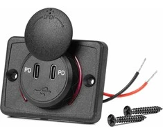 Kvadratinis atsparus vandeniui telefono įkroviklis su raudonu LED apšvietimu, 2x USB-C, 12/24V – AMIO-04232