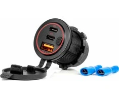 Vandeniui atsparus telefono įkroviklis su raudonu LED apšvietimu, USB + 2xUSB C QC3.0 12/24V AMIO-04227