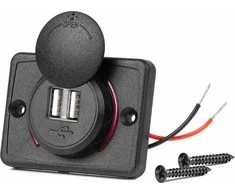 Kvadratinis atsparus vandeniui telefono įkroviklis su raudonu LED apšvietimu, 2xUSB 12/24V AMIO-04230