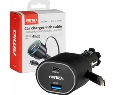 Greitas automobilinis įkroviklis 3.0 su 30W USB-C ištraukiamu kabeliu PD20W AMIO-04176