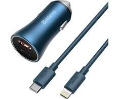 Automobilinis įkroviklis Baseus Golden Contactor Pro, USB + USB-C, QC4.0 +, PD, SCP, 40W (mėlynas) + USB-C - žaibo laidas 1m (mėlynas)
