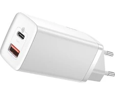 Baseus Sieninis įkroviklis GaN2 Lite 65W USB + USB-C QC4+ PD3.0 SCP FCP AFC, baltas