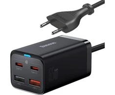 Baseus Sieninis įkroviklis GaN3 Pro 65W 2xUSB + 2xUSB-C QC4+ PD3.0 su USB-C 1.5m laidu, juodas
