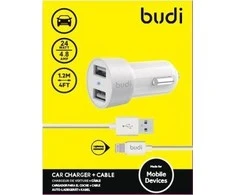 Budi - 2 USB automobilinis įkroviklis su LED indikatoriumi+žaibo laidu