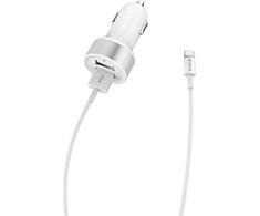 Įkroviklis automobilinis Devia Smart MFI su 2 USB jungtimis (2.4A) + MFI Lightning baltas