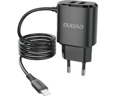 Dudao įkroviklis 2x USB su įmontuotu 12W Lightning kabeliu juodas (A2ProL juodas)