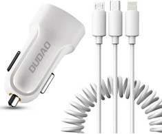 Įkroviklis automobilinis Dudao R7 (2xUSB; 2.4A) + 3in1 laidas lightning+micro+type-C baltas