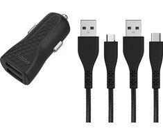 Energizer HardCase – automobilinis įkroviklis 2x USB-A 2.4A + USB-C ir mikro USB laidas (juodas)