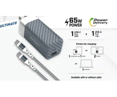 Energizer Ultimate – kelių kištukų ES / JK / JAV GaN USB-C ir USB-A 65 W PD maitinimo įkroviklis + USB-C laidas (juodas)