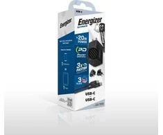 Energizer Ultimate – kelių kištukų ES / JK / JAV GaN 20 W PD maitinimo įkroviklis + USB-C laidas (juodas)