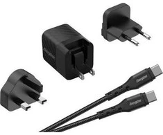 Energizer Ultimate – kelių kištukų ES / JK / JAV GaN 20 W PD maitinimo įkroviklis + USB-C laidas (juodas)