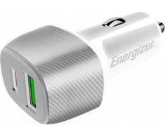 Energizer Ultimate – USB-C ir USB-A 38W PD + QC3.0 automobilinis įkroviklis (balta / sidabrinė)