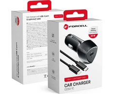 Automobilinis įkroviklis Forcell F-Energy Carbon USB C QC3.0 PD 3A 20W + laidas USB C - Lightning CC50-1C juodas
