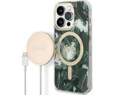 Guess set telefono dėklas + pakrovėjas iPhone 14 Pro Max 6,7 GUBPP14XHJEACSA žalias hard telefono dėklas Jungle MagSafe