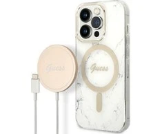 „Guess“ GUBPP14LHMEACSH dėklas + įkroviklis iPhone 14 Pro 6.1" baltas kietas dėklas su marmuru, „MagSafe“