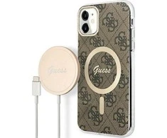 Apple iPhone 11 Guess dėklas 4G Print MagSafe + Belaidis Įkroviklis (GUBPP14LH4EACSP) rudos spalvos
