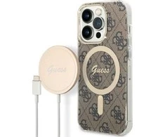 Apple iPhone 14 PRO Guess dėklas 4G Print MagSafe + Belaidis Įkroviklis (GUBPP14MH4EACSW) rudos spalvos