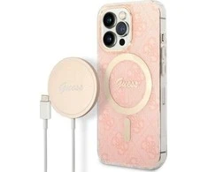 Apple iPhone 13 Pro Guess dėklas 4G Print MagSafe + Belaidis Įkroviklis (GUBPP12MH4EACSK) rožinės spalvos