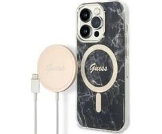 Apple iPhone 14 Pro Max Guess dėklas Marble MagSafe + Belaidis Įkroviklis (GUBPP14SHMEACSH) juodos spalvos