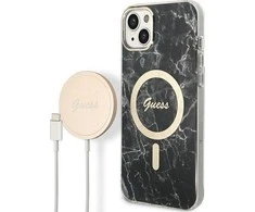 Rinkinys Guess GUBPP14SHMEACSK Case+ Charger iPhone 14 6,1" juodas/juodas kietas dėklas Marble MagSafe