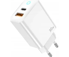 JELLICO sieninis įkroviklis EU13 GaN PD 30W 1xUSB-C + 1xUSB QC3.0 + USB-C laidas - Lightning Baltas