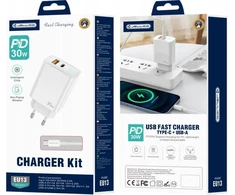 JELLICO sieninis įkroviklis EU13 GaN PD 30W 1xUSB-C + 1xUSB QC3.0 + laidas USB-C - USB-C Baltas