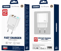 JELLICO sieninis įkroviklis EU11 PD 20W 1xUSB-C + 1xUSB QC3.0 + USB-C laidas - USB-C Baltas