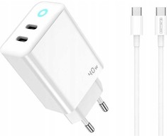 JELLICO sieninis įkroviklis EU19 GaN PD 40W 2xUSB-C + laidas USB-C - USB-C Baltas