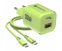 Phone charger Forcell F-Energy GaN III Crystal Color USB C + USB A QC4.0 PD 33W + silicone cable USB C to USB C VT-41 žalias