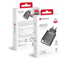 Įkroviklis jungiama į tinklą do telefonu Forcell F-Energy Ultra Slim GaN III 2 x USB C PD QC4.0 3A 45W B245201(2C) juoda