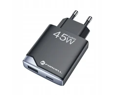 Įkroviklis jungiama į tinklą do telefonu Forcell F-Energy Ultra Slim GaN III USB C + USB A PD QC4.0 3A 45W B245202(1A1C) juoda