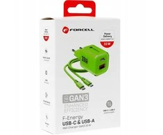 Telefono įkroviklis Forcell F-Energy GaN III Crystal Color USB C + USB A QC4.0 PD 33W + silikoninis laidas USB C į USB C VT-41 žalias