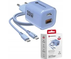 Phone charger Forcell F-Energy GaN III Crystal Color USB C + USB A QC4.0 PD 33W + silicone cable USB C to USB C VT-41 mėlynas
