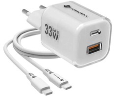 Phone charger Forcell F-Energy GaN III Crystal Color USB C + USB A QC4.0 PD 33W + silicone cable USB C to USB C VT-41 baltas 0INT