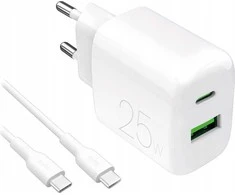 Puro PROLITE 25W USB-A / USB-C sieninis įkroviklis + USB-C – USB-C laidas 1,2 m – baltos spalvos
