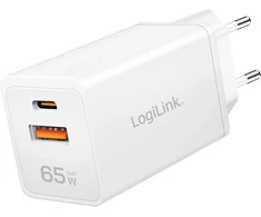 Įkroviklis LogiLink Įkroviklis jungiama į tinklą LogiLink PA0371 USB GaN, 65 W, 1x USB-C (PD), 1x USB-A (QC), balta
