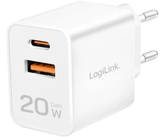 Įkroviklis LogiLink Įkroviklis jungiama į tinklą LogiLink PA0369 USB GaN, 20 W, 1x USB-C (PD), 1x USB-A, balta