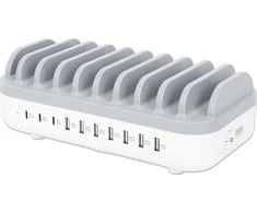 Manhattan įkrovimo stotis, 10x prievadų: 3x USB-C (iki 18W PD) ir 7x USB-A (iki 12W), 120W bendra išvestis, Baltas/Pilkas, Trejų metų garantija, dėžutė