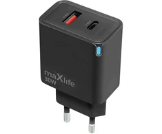 Maxlife MXTC-09-30AC GaN PD QC įkroviklis 1x USB-C 1x USB 30W juodas