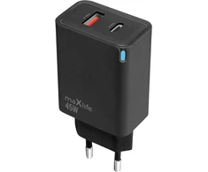 Maxlife MXTC-09-45AC GaN PD QC įkroviklis 1x USB-C 1x USB 45W juodas