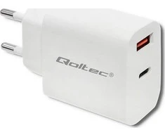 QOLTEC 51714 Įkroviklis 18W 5-12V 1.5-3A USB tipas C PD USB QC 3.0 Baltas