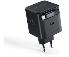 „RealPower GaN“ įkroviklis, 65 W, juodas, su 2 USB-C PD jungtimis, kompaktiškas ir galingas