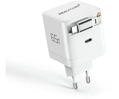 „RealPower GaN“ įkroviklis, 65 W, baltas, 2 USB-C PD maitinimo adapteris, kompaktiškas, 65 vatų įkroviklis