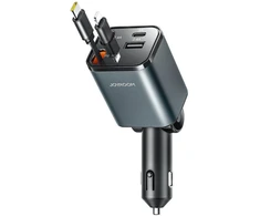 Joyroom JR-CCL05 30W 4 viename automobilinis įkroviklis su 2 įmontuotais ištraukiamais laidais – pilkos spalvos